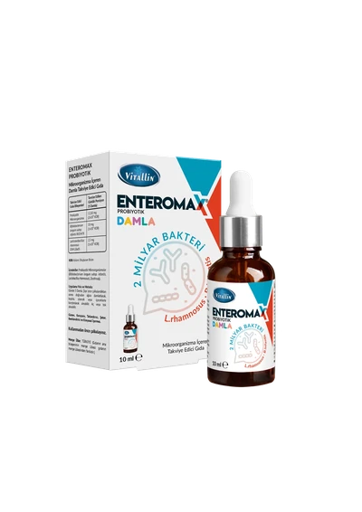 Enteromax Probiyotik Damla 10 ml kutusu ve damlalıklı şişesi