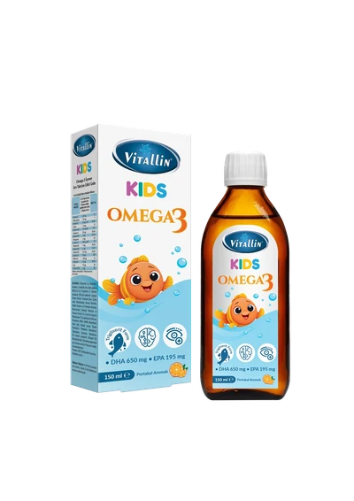 Vitallin Kids Omega-3 150 ml kutu ve şişe; kutu üzerinde balık maskotu