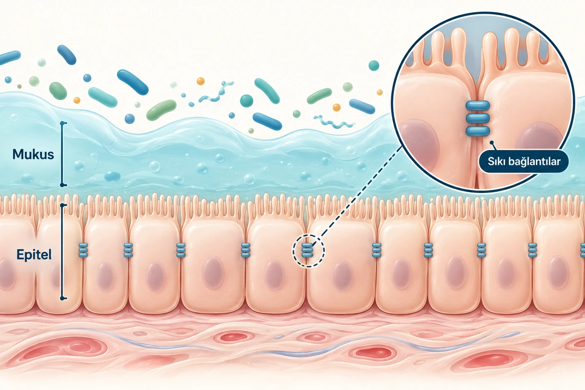 Diagram of mucus, epithelial cells and intercellular tight junctions in the gut barrier