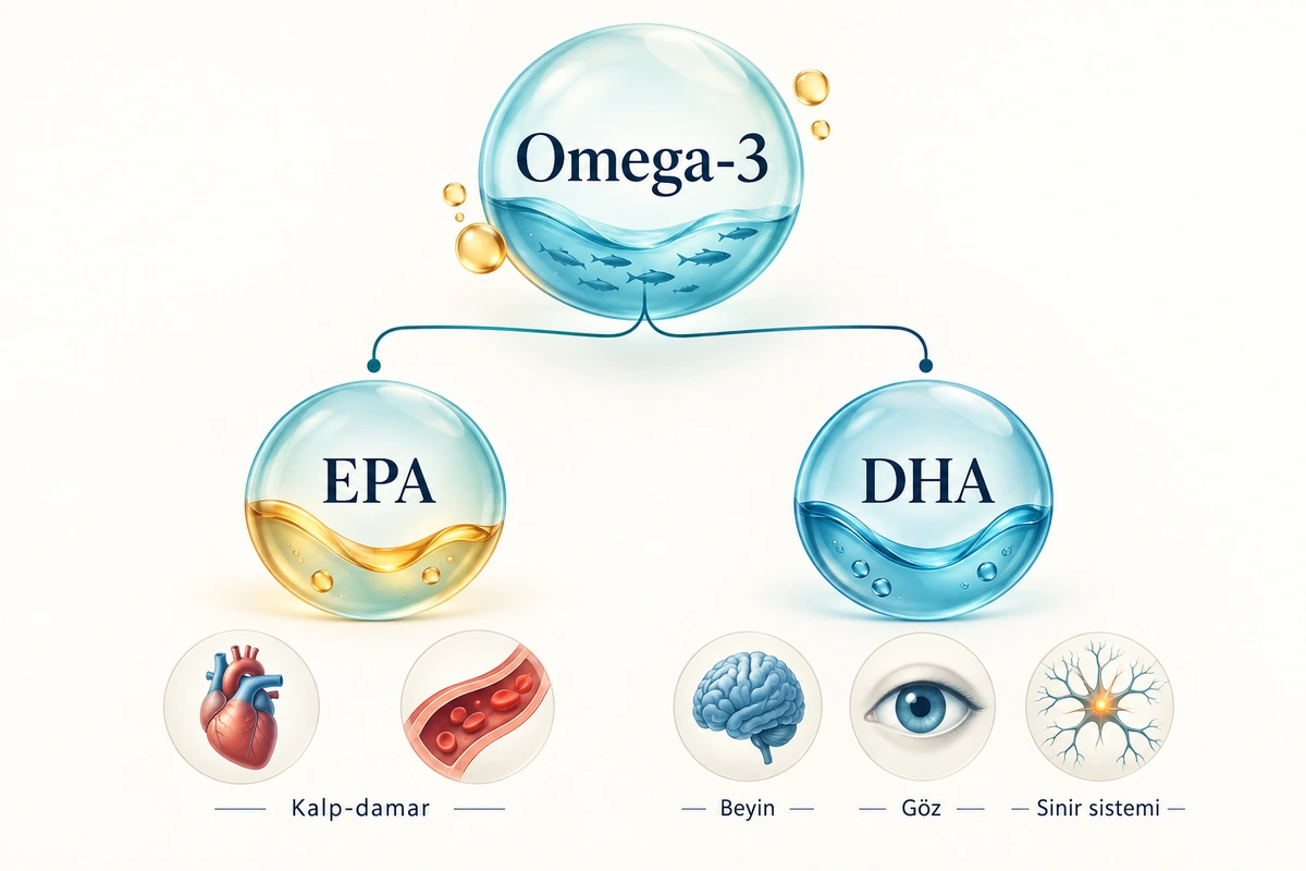 Omega-3 ailesinde EPA ve DHA ile ilişkili kalp-damar, beyin, göz ve sinir sistemi alanlarını gösteren şema