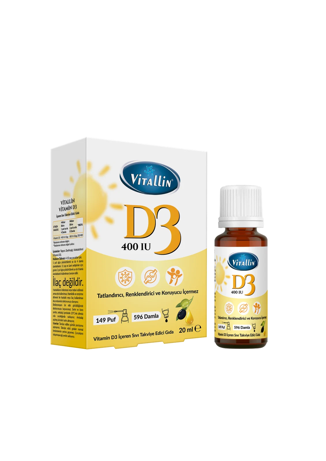 Damla ve sprey aparatıyla kullanılan Vitallin D3 Vitamini ürünü